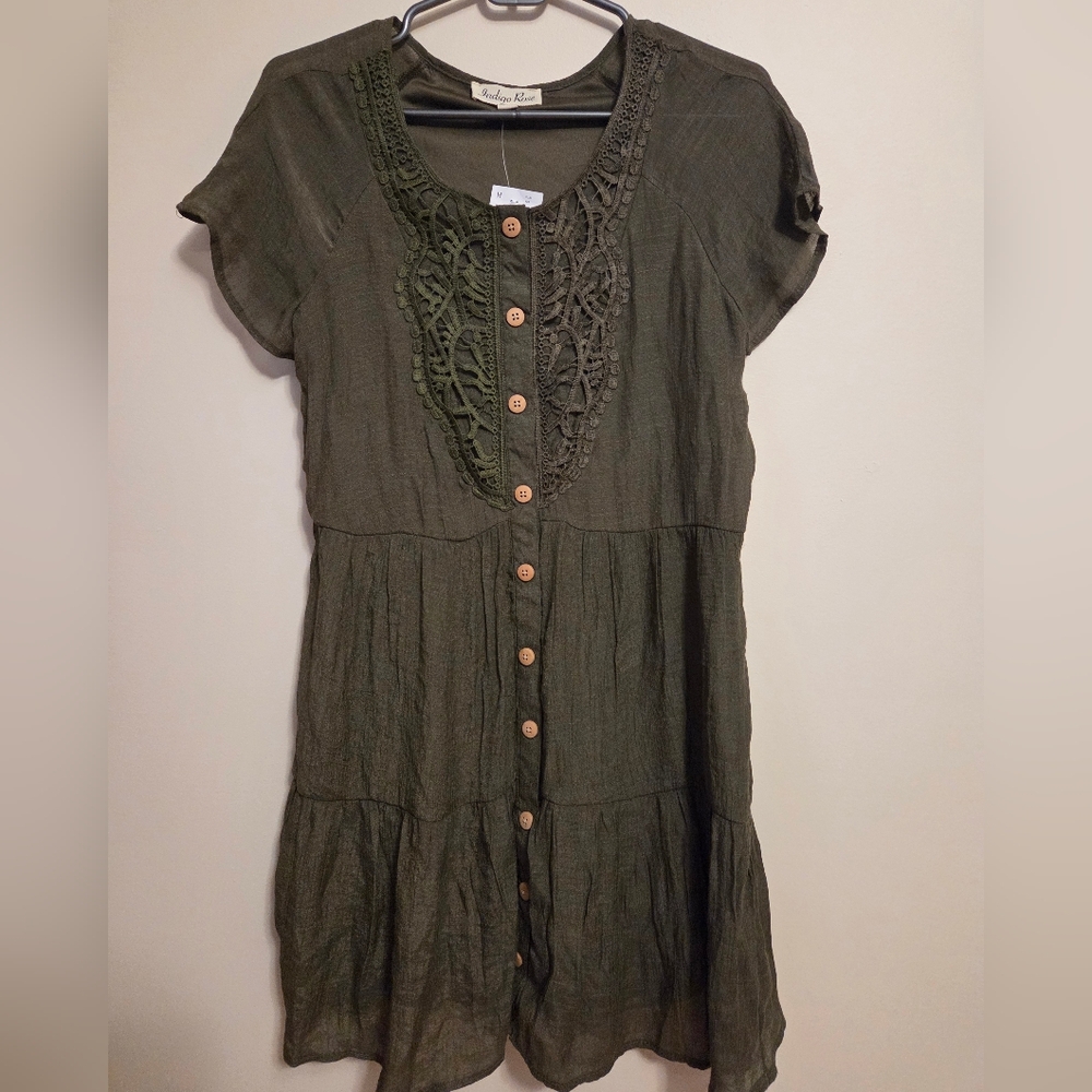 Indigo Rose Navy Green Button Dress S NWT